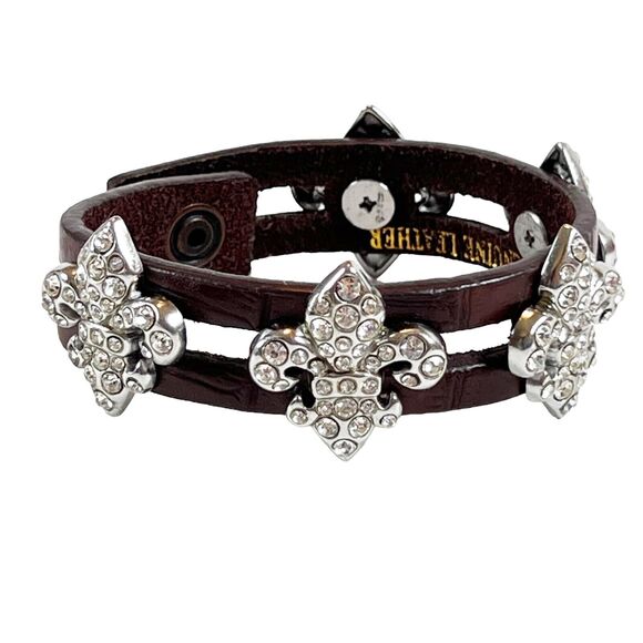 Brown Leather Bracelet w Rhinestone Fleur De Lis Rocker Chic Double Row Station - Picture 4 of 10